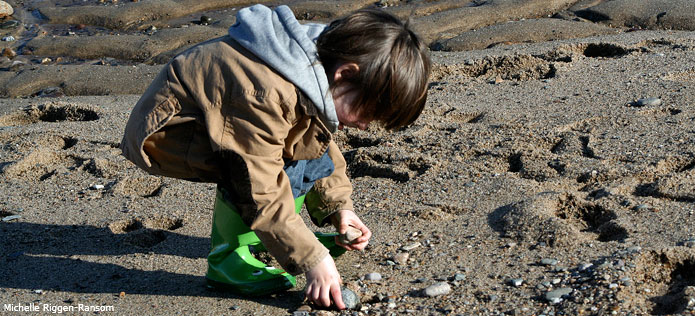 boy picking up rocks