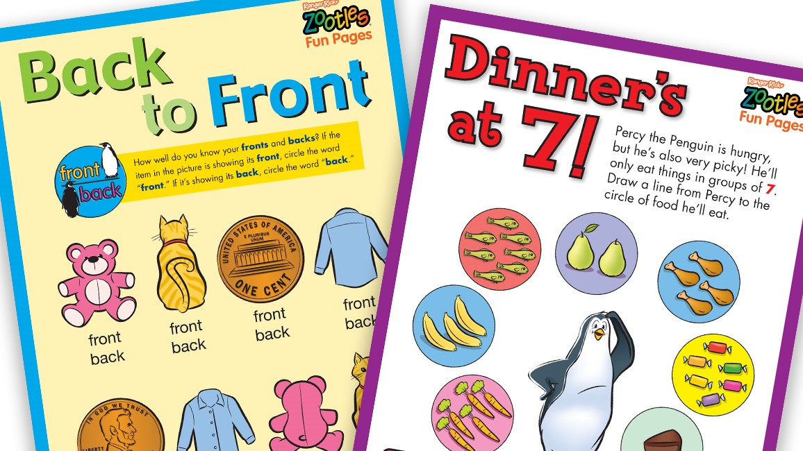 Shows sample pages of Zootles Penguins activities.