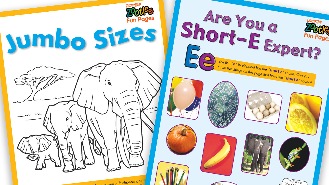 A collage of activity pages for Zootles Elephants