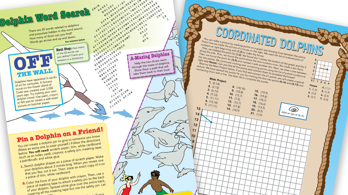 Pictorial examples of available dolphin activities, such as a word search and a craft.