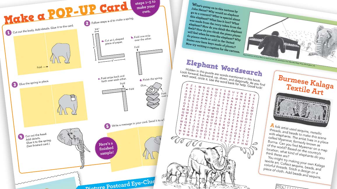 Sample activity pages for Zoobooks Elephants.