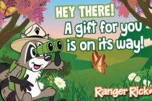 Ranger Rick holding binoculars to his eyes, looking at the words Hey there! A gift for you is on its way!