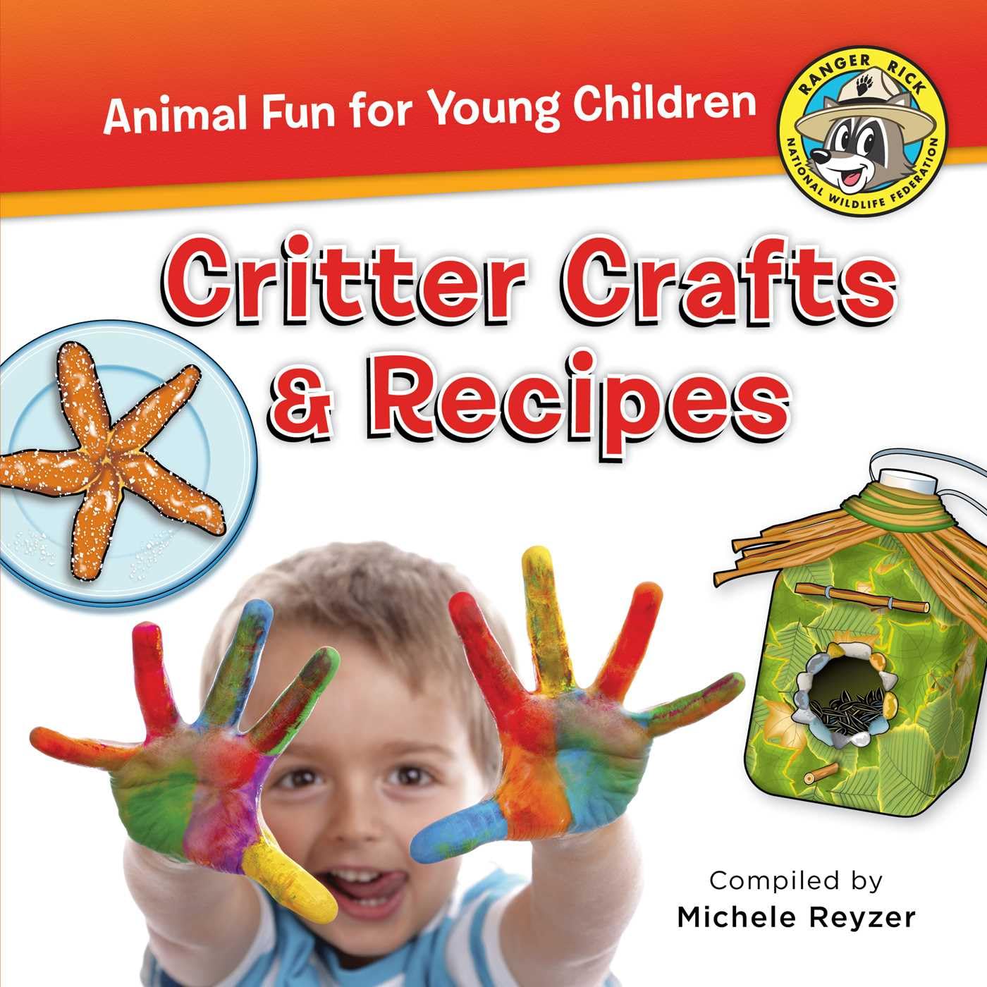Critter Crafts book cover showing a child with hands covered in colorful paint