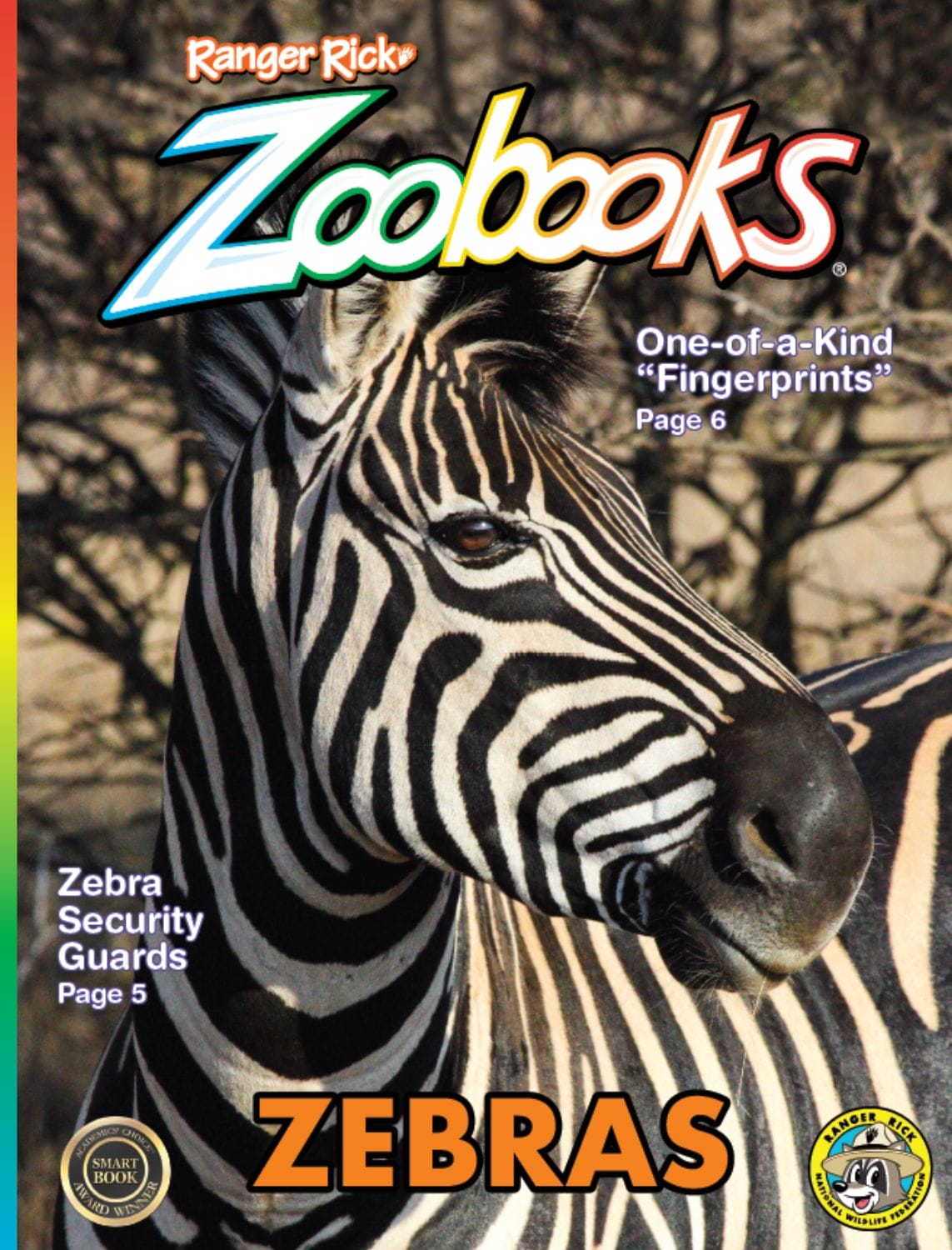 Close-up portrait of a zebra on the cover of Zoobooks magazine about zebras.