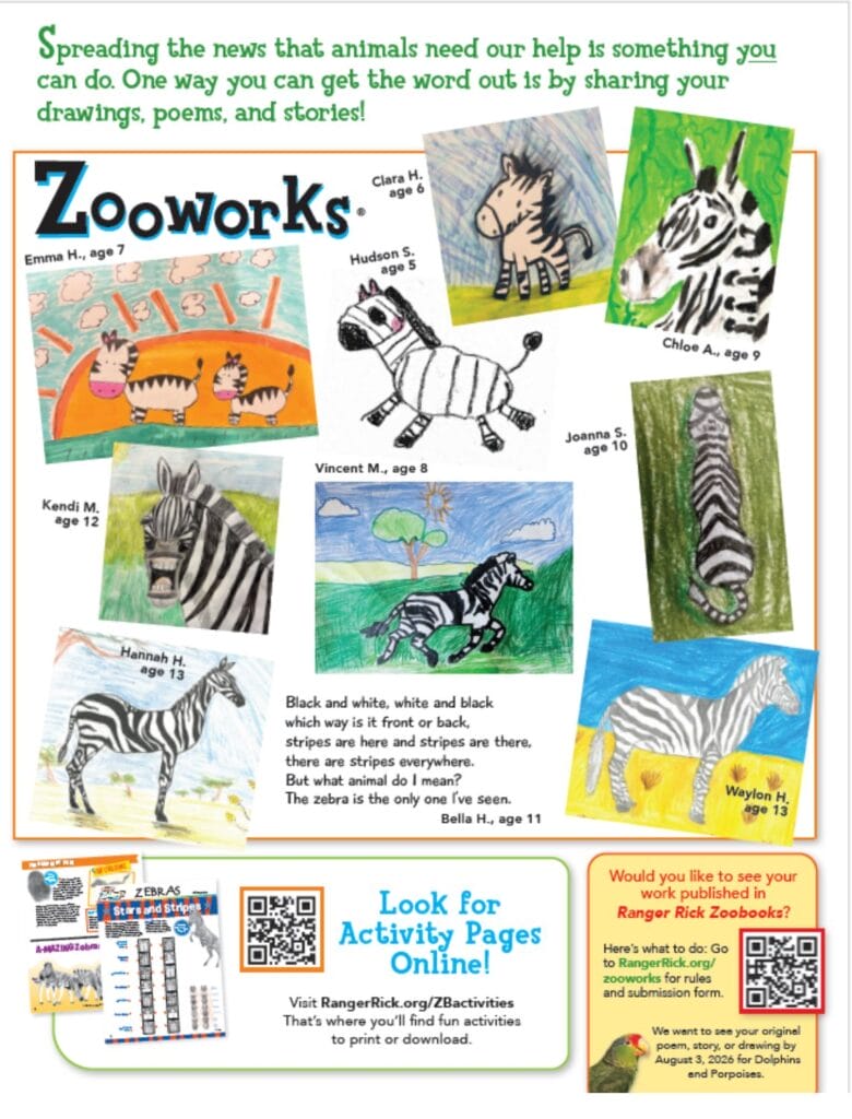 Zooworks activity page with zebra facts, coloring activities, games, puzzles, and crafts for kids.