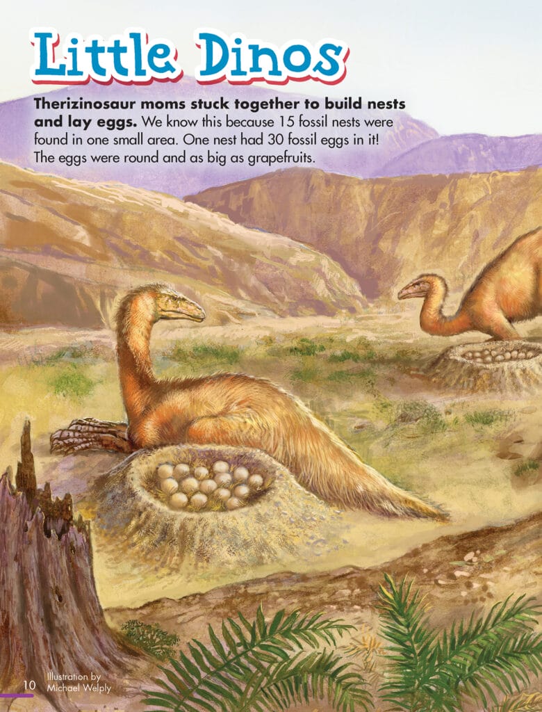 illustrations of Therizinosaurs near nest of eggs