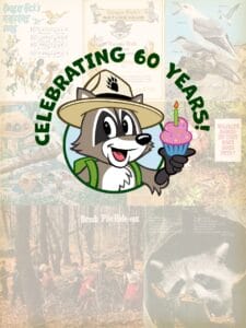 Ranger Rick 60th anniversary celebration graphic with Ranger Rick holding a pink cupcake with a candle, over faded magazine spreads